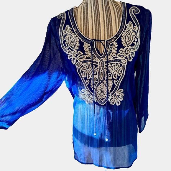 Boston Proper Tops - Boston Proper Blue Embellished Long Sleeve Tunic